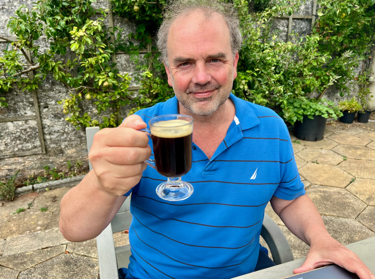Simon Akeroyd enjoing a Cup of CoffeeB in his garden