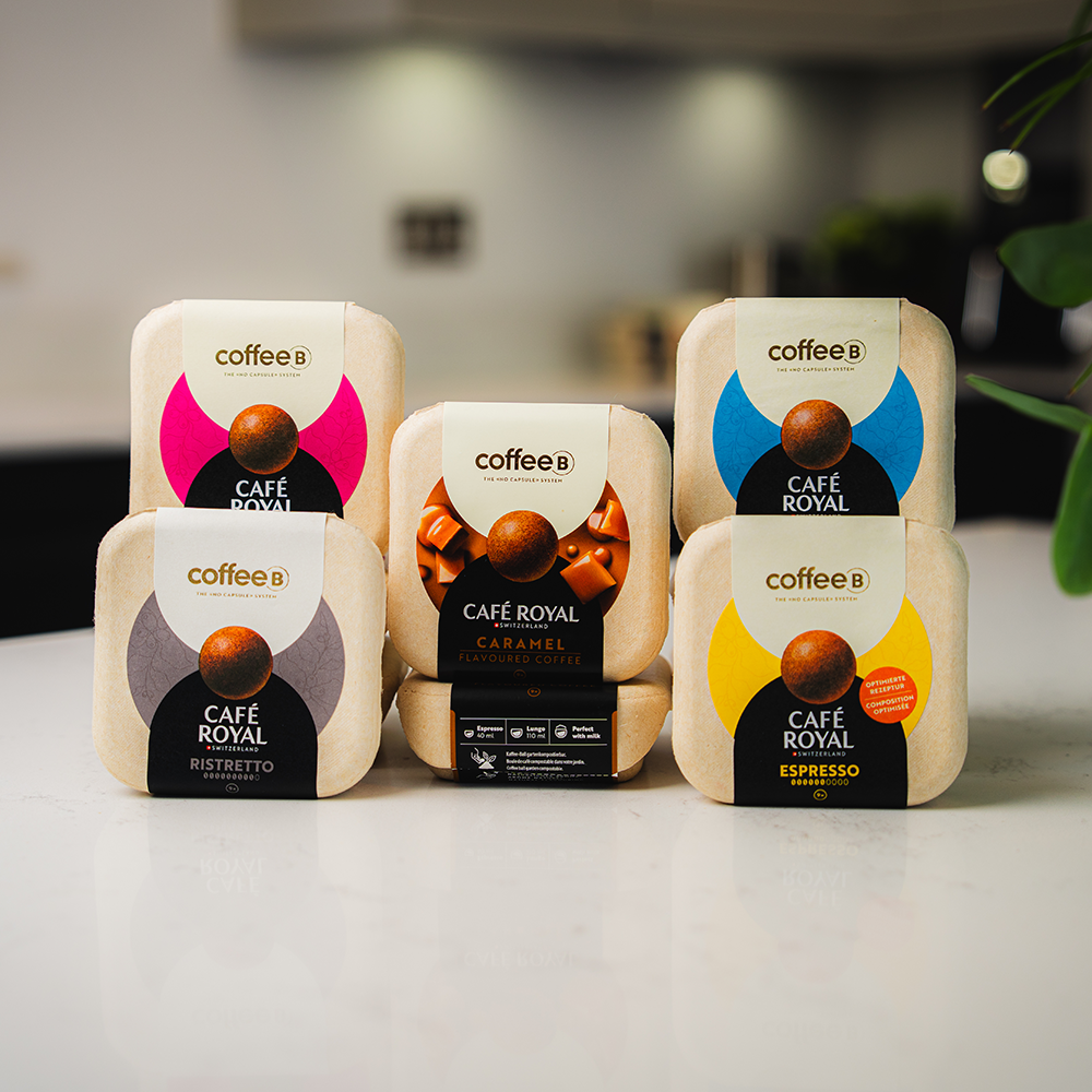 Café Royal Coffee Ball boxes on a kitchen counter